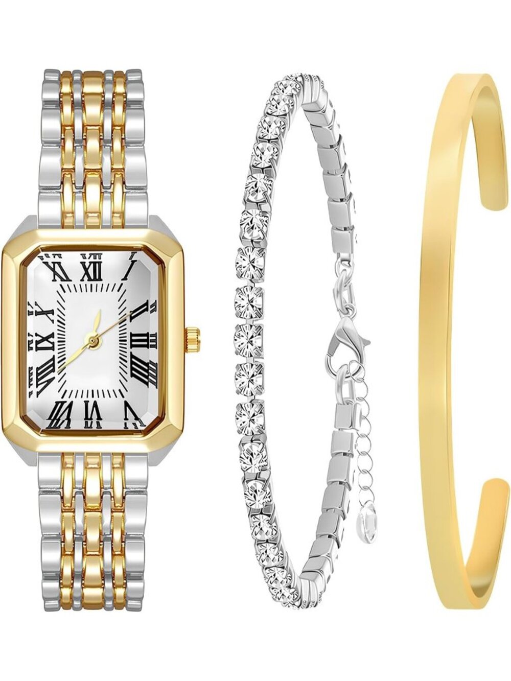 Women's Gold Silver Stainless Steel Gold Plated Square Bangle Bracelet Set Watch